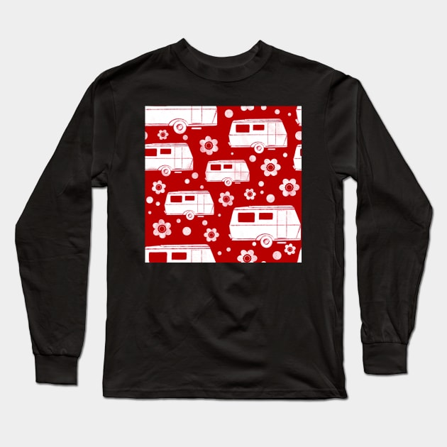 Vintage Caravan block print in red and white Long Sleeve T-Shirt by NattyDesigns